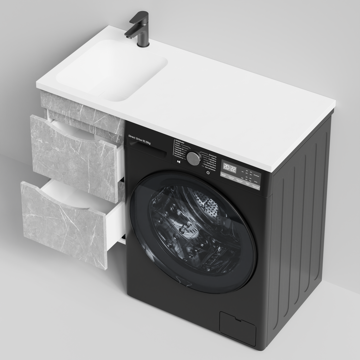 Тумба Vod-ok 38 с раковиной Смайл 100 подвесная, под стиральную машину, левая, Мрамор Белый софт тач