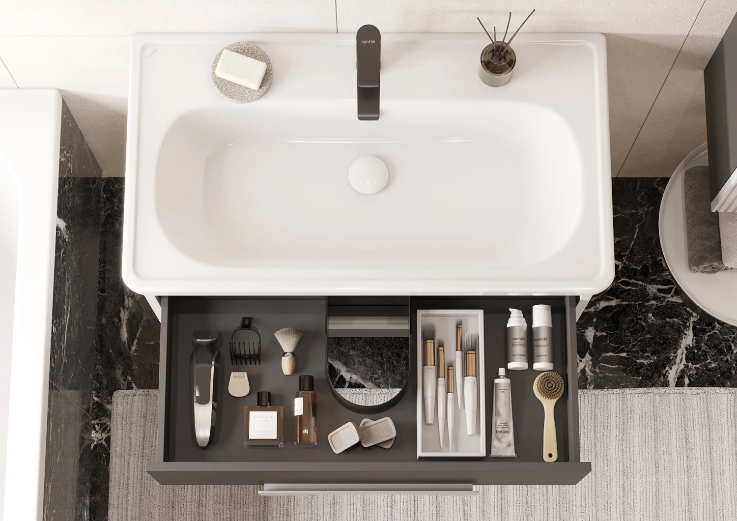 Тумба подвесная Aquaton Ар-Деко 65 с раковиной Нео 65, 2 ящика, серый кобальт