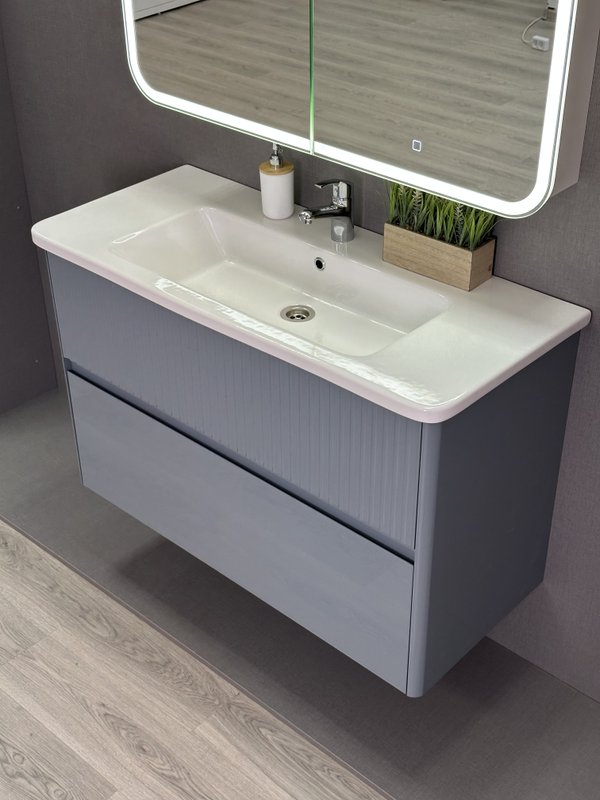 Тумба подвесная Alavann Wave 105 с раковиной Nikson 105, голубой деним