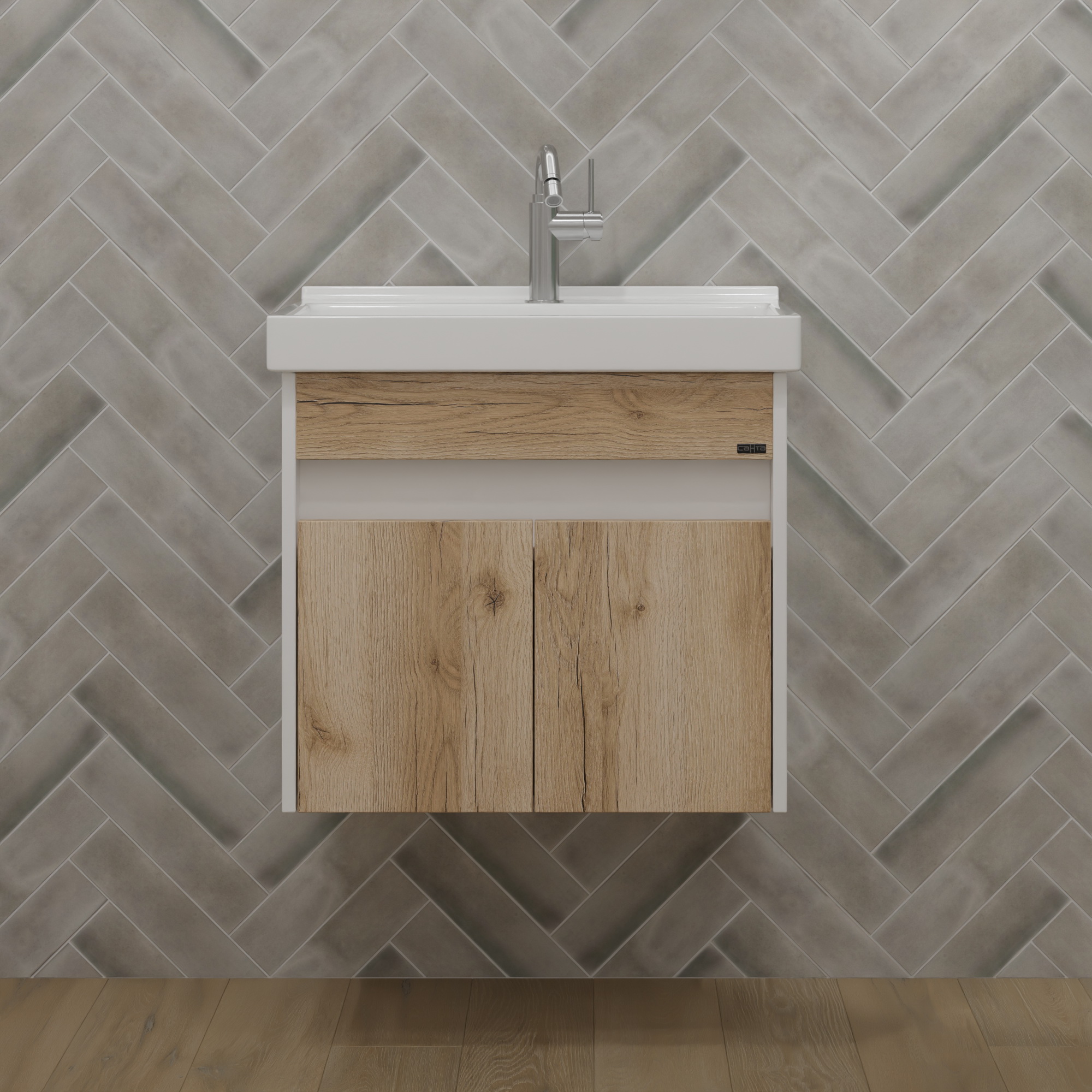 Тумба подвесная Санта Мира 60 с раковиной Fest 60, австрийский дуб, белый