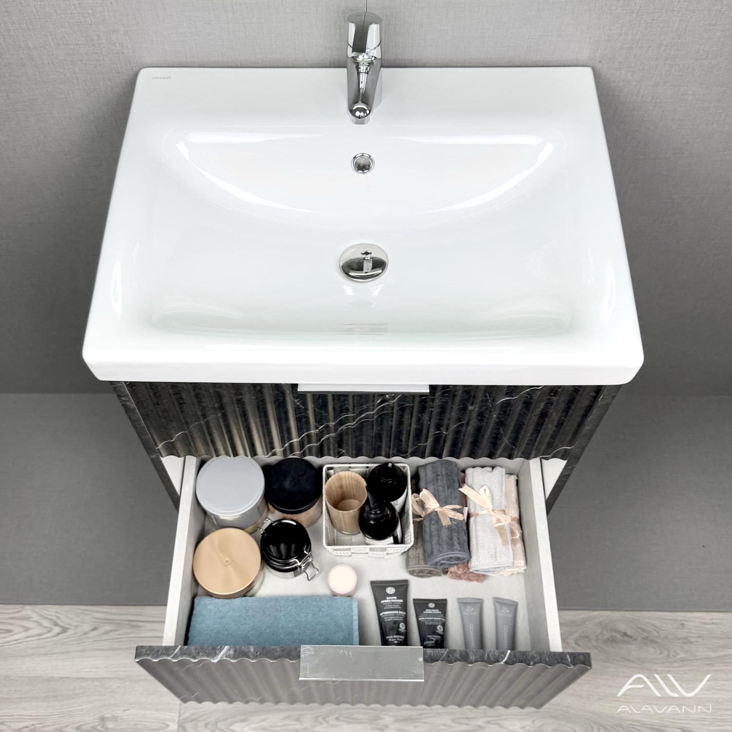 Тумба подвесная Alavann Anna 60 с раковиной Moduo 60, черный мрамор