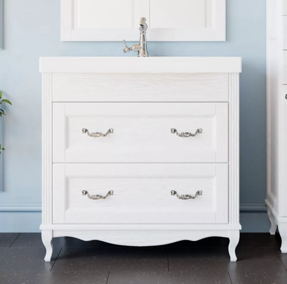 Тумба напольная ValenHouse Лиора 90 с раковиной Грэйс 90, 2 ящика, белый, хром