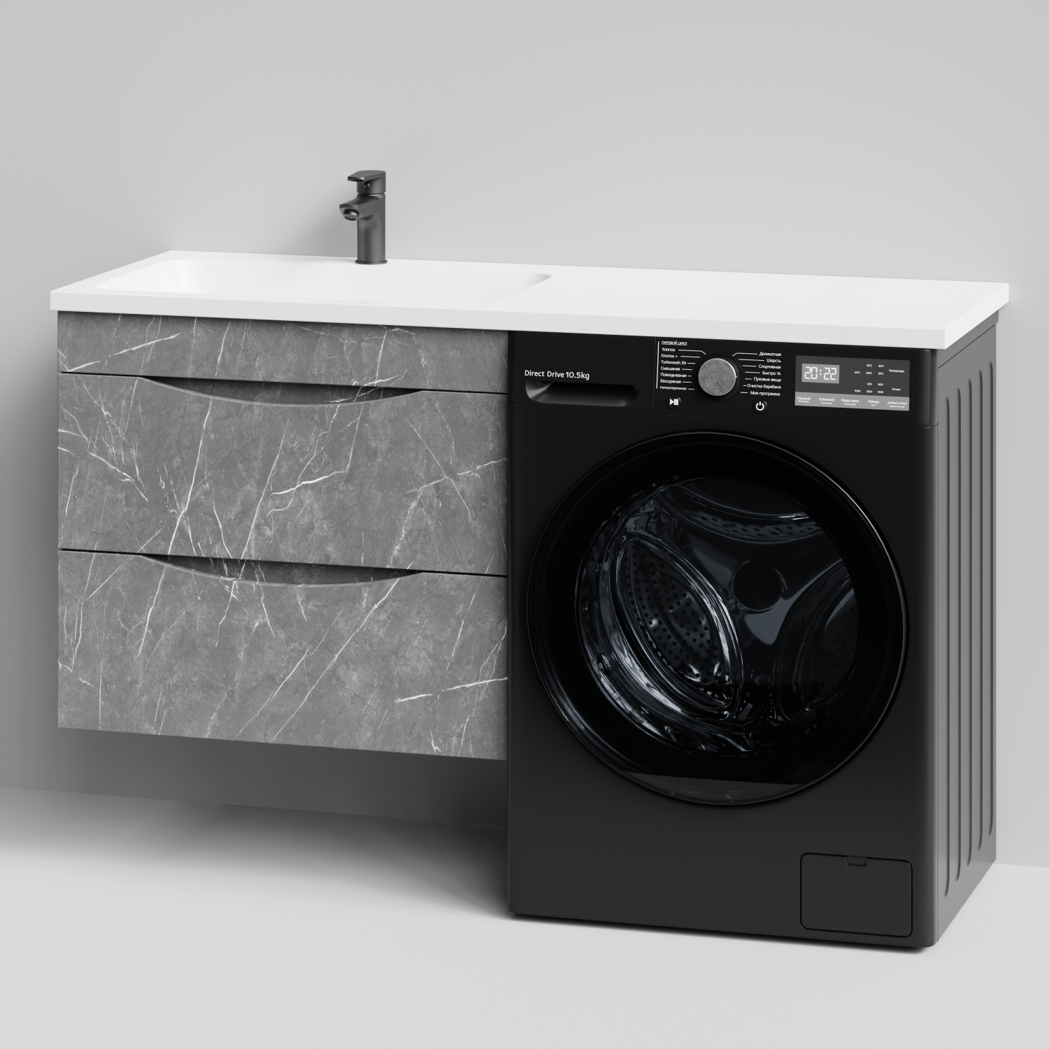 Тумба Vod-ok 68 с раковиной Смайл 130 подвесная, под стиральную машину, левая, Мрамор Серый софт тач