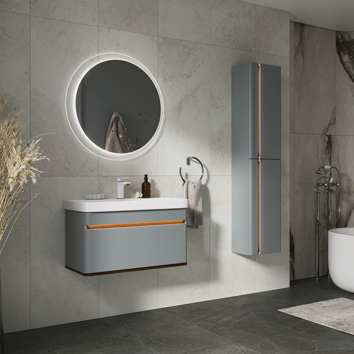 Тумба подвесная EQUIL Elegante с раковиной Nice 80, 1 ящик, мэйджик/дуб голиано