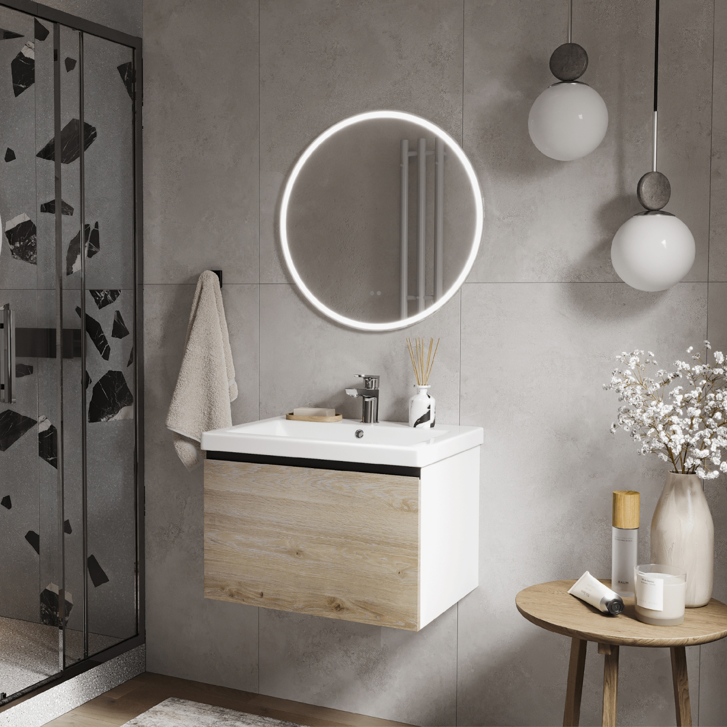 Тумба подвесная Vigo Cross 600-0-1 с раковиной Como 60, 1 ящик, дуб давос/белый