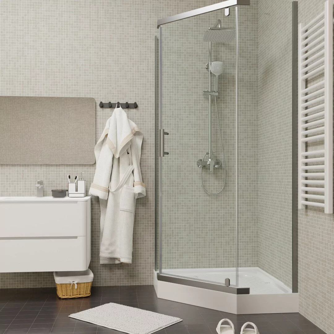 Душевой уголок Parly ZPE911TE пятиугольный, с низким поддоном, прозрачное стекло, хром