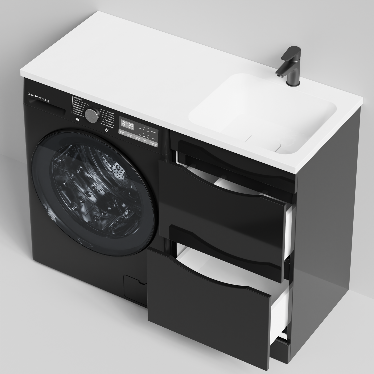 Тумба Vod-ok 48 с раковиной Смайл 110 напольная, под стиральную машину, правая, черный глянец