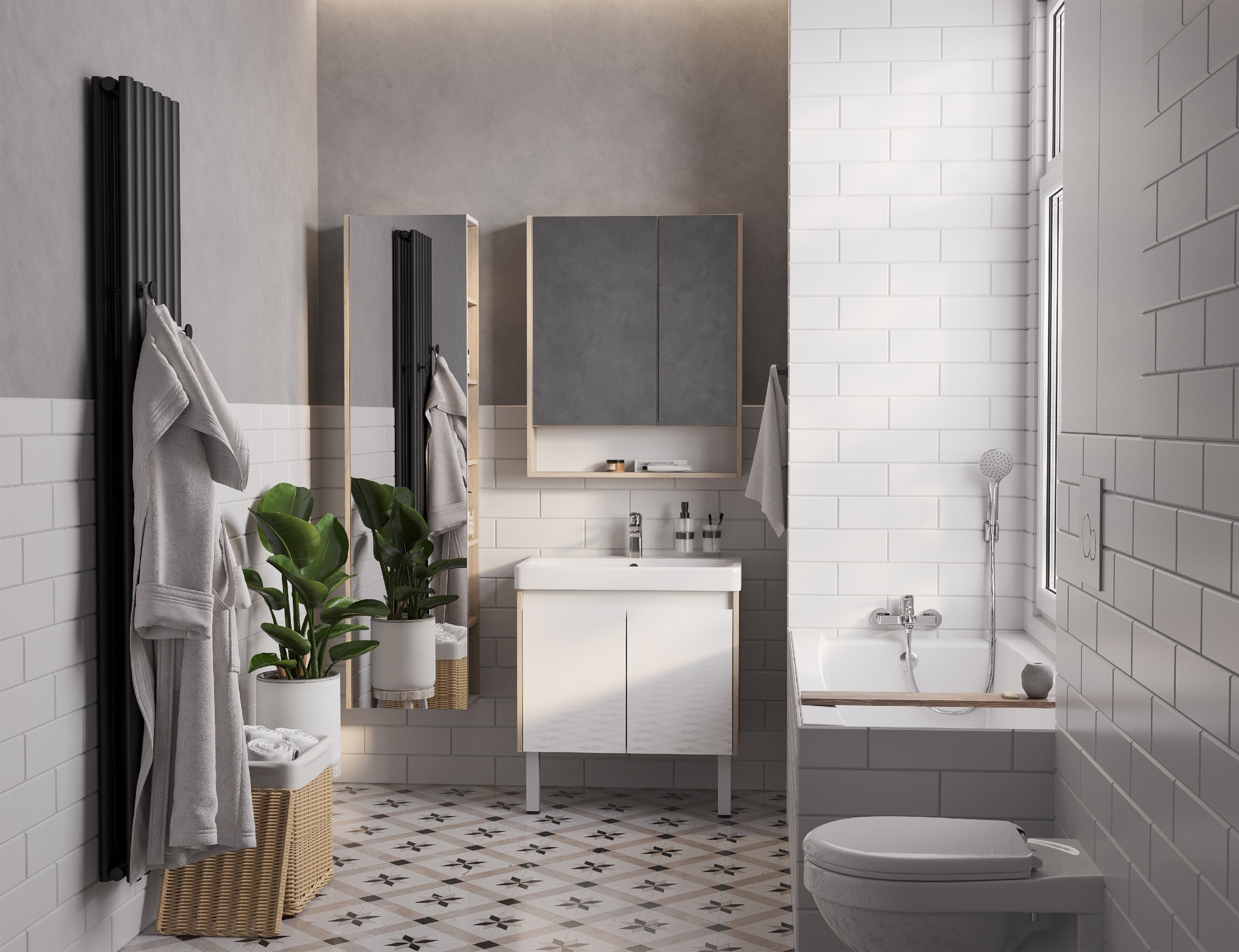 Тумба Aquaton Сканди Doors 70 с раковиной Адриана 70, 2 ящика, подвесная, белый, дуб верона