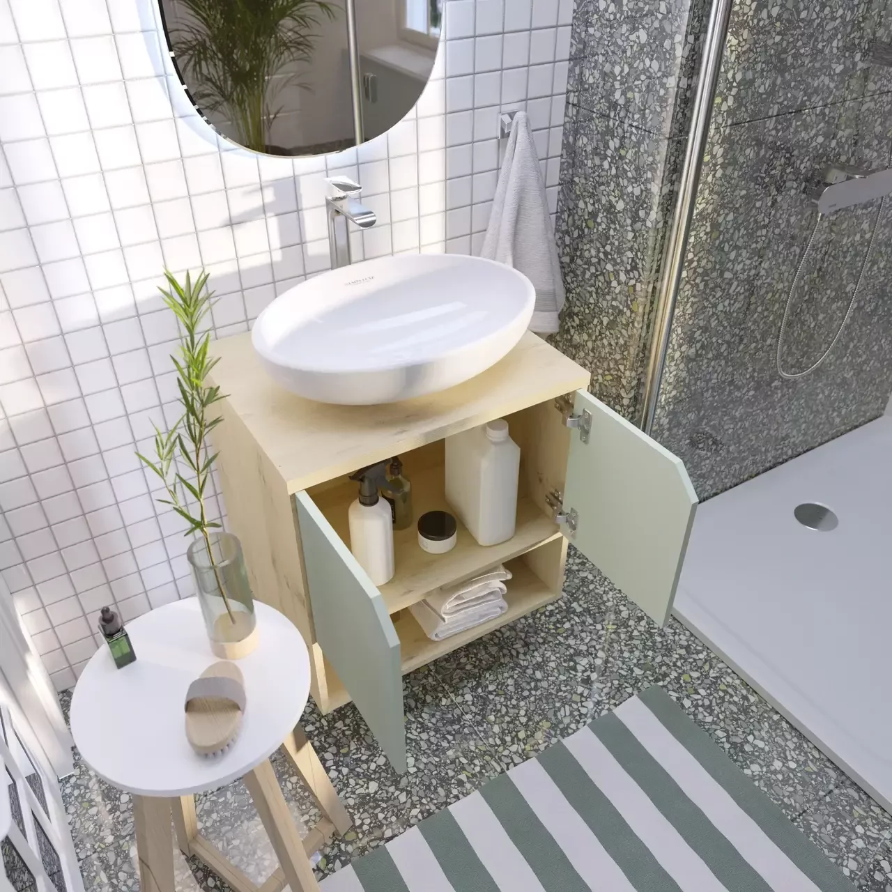 Тумба подвесная 1Marka Delta 60П с раковиной Ringo Cut 53, 2 двери, мята софт