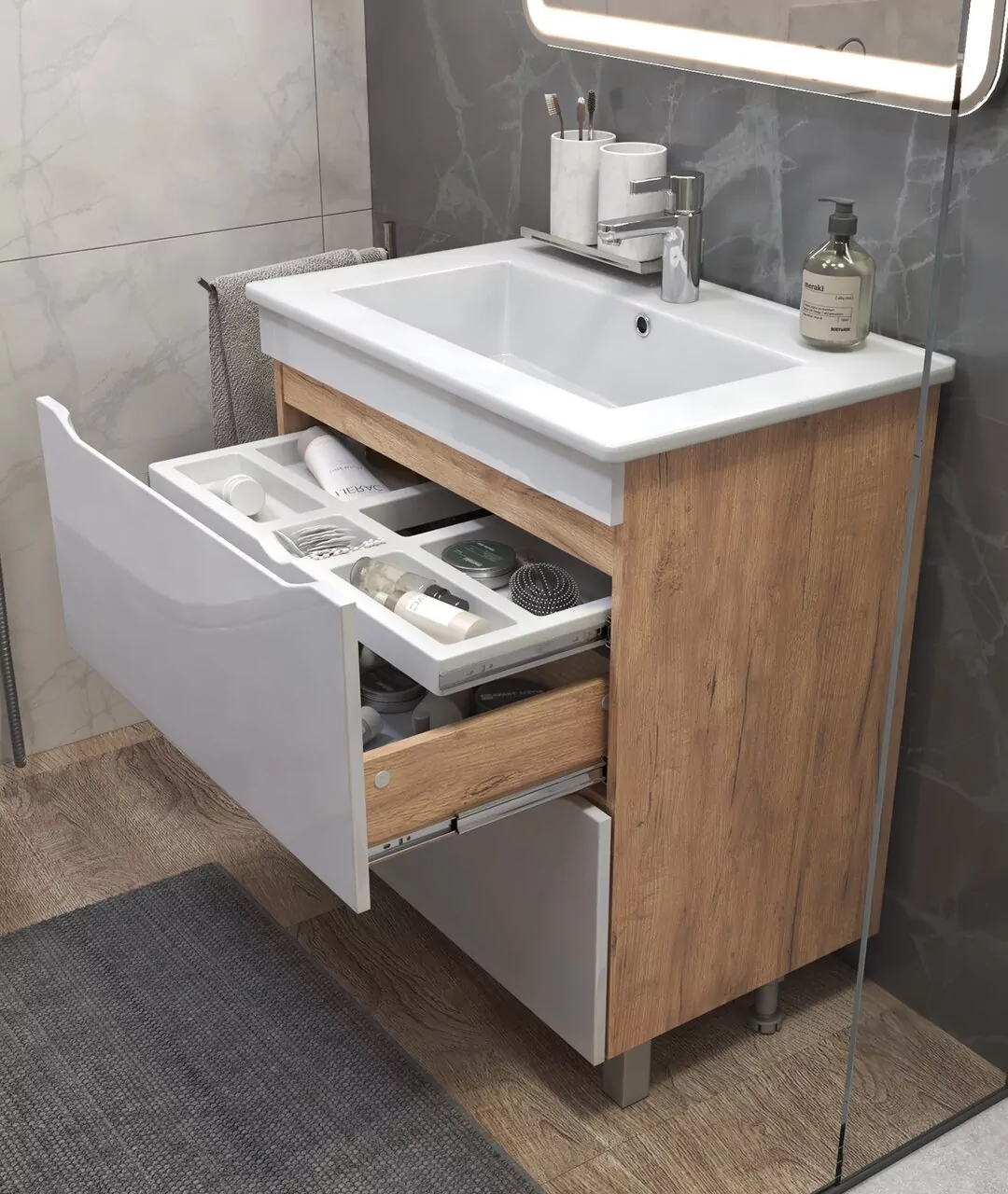 Тумба напольная Vigo Grani 75 с раковиной Оскар 75, 2 ящика, белый/дуб сонома