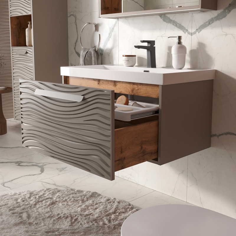 Тумба с раковиной EQUIL Gleam 80 подвесная, 1 ящик, амарок/дуб вотан