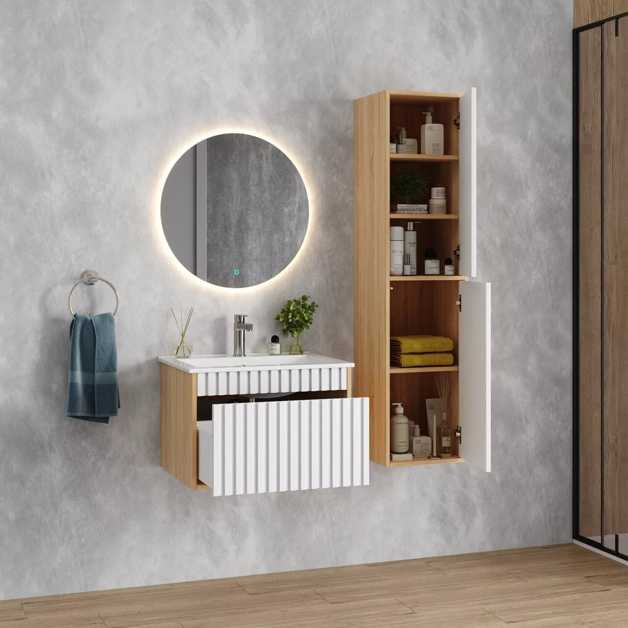 Тумба с раковиной Onika Дайлер 60 подвесная, белый матовый/дуб сонома