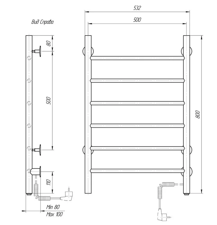 Полотенцесушитель электрический Domoterm Классик DMT 109-6 50х80 EK R правый, черный матовый
