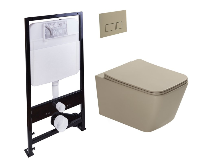 Унитаз подвесной SantiLine SL-5007T-BG+SL-01/BG с инсталляцией и кнопкой, светло-бежевый матовый