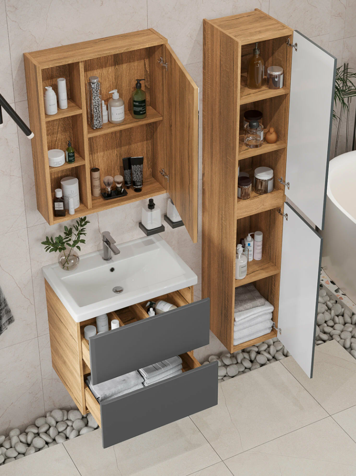 Тумба подвесная SanStar Graffa 50 с раковиной Como 50 Дуб вотан, графит софт