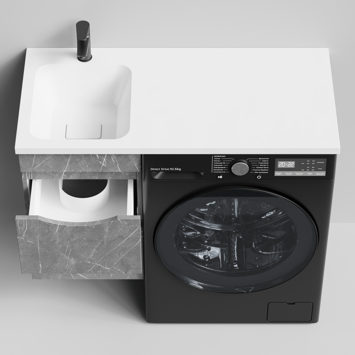 Тумба Vod-ok 38 с раковиной Смайл 100 подвесная, под стиральную машину, левая, Мрамор Серый софт тач