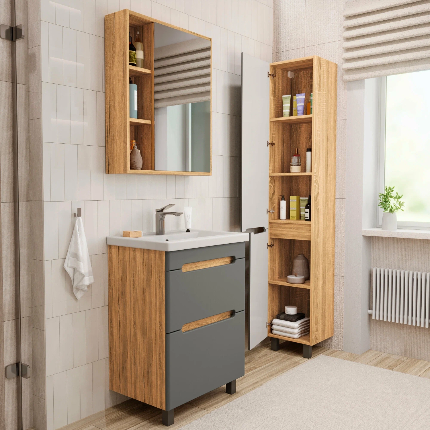 Тумба напольная SanStar Diva 60 с раковиной Фест 60 Дуб вотан, графит софт