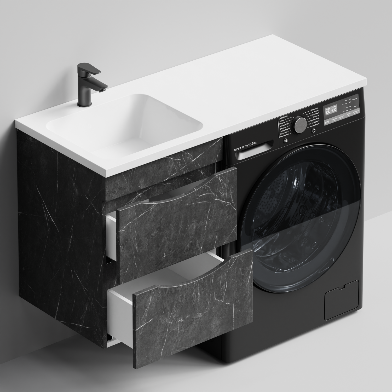 Тумба Vod-ok 48 с раковиной Смайл 110 подвесная, под стиральную машину, левая, Мрамор Графит софт тач