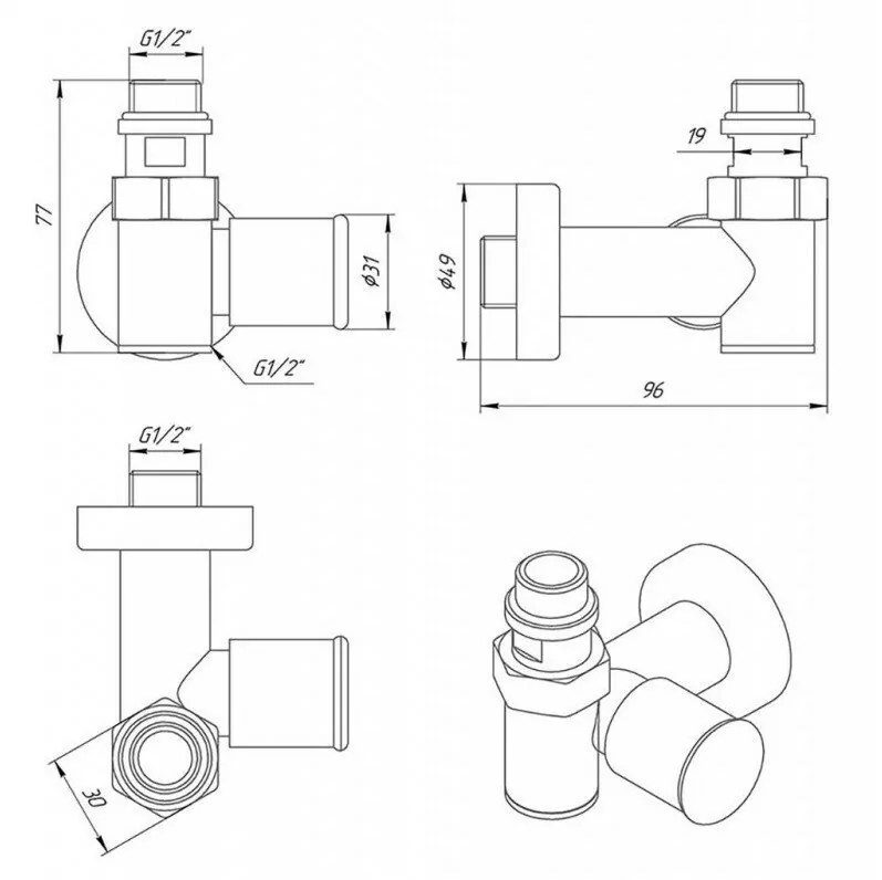Вентиль угловой Laris Laris Под ТЭН 1/2" - 1/2" 891SCH0404 2 шт. от магазина Vanna-Vanna.ru!