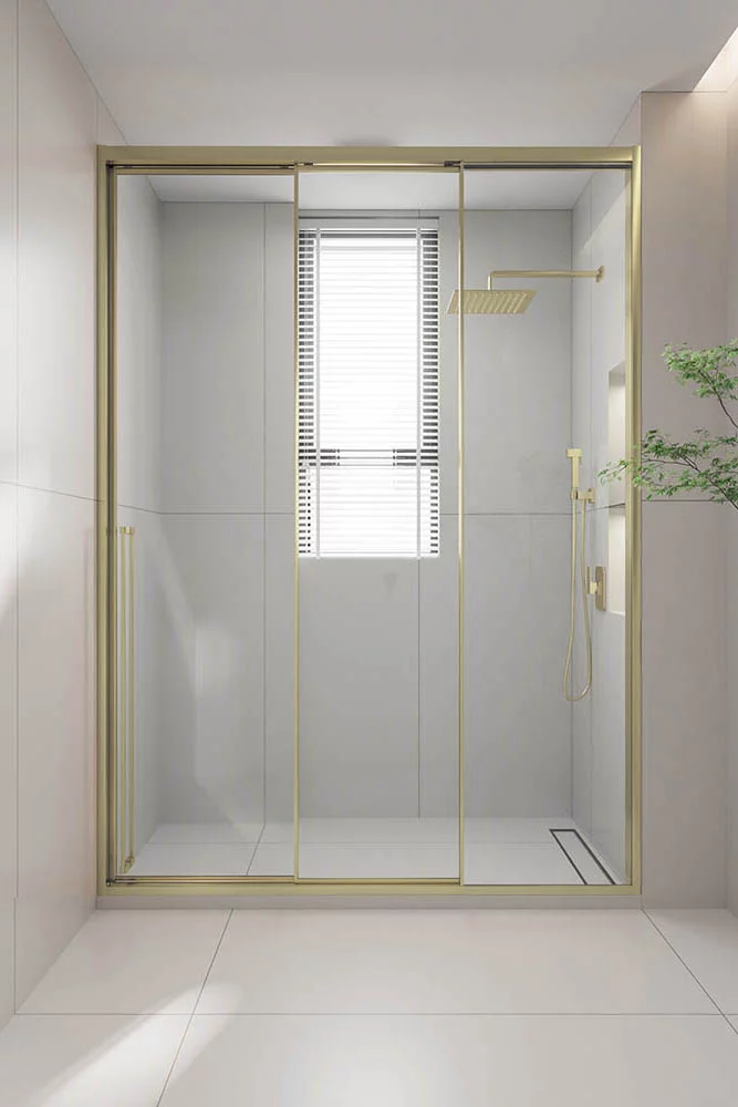 Душевая дверь раздвижная Veconi Premium Prato 300 G-R, 1200х2000, золото брашированный, стекло прозрачное