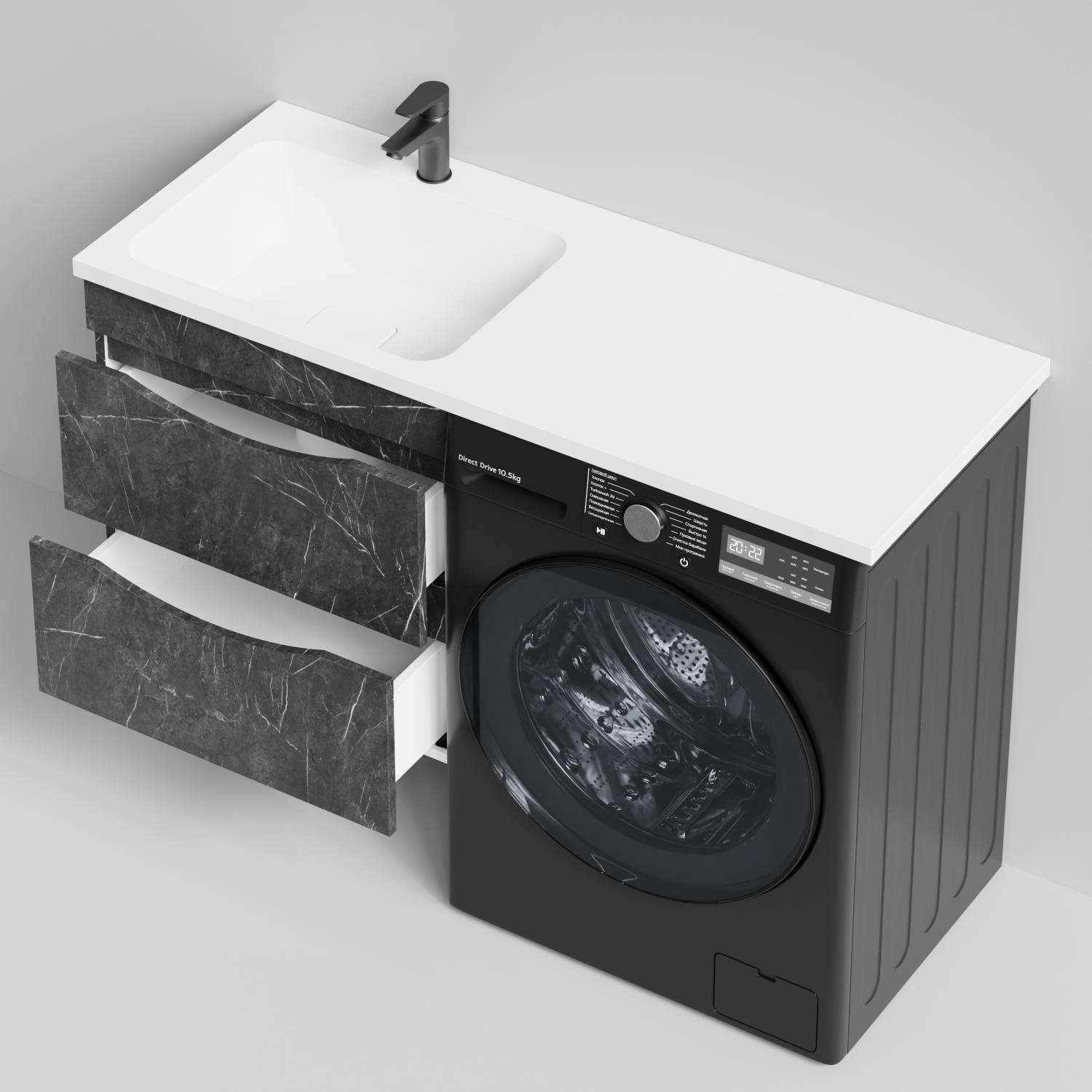 Тумба Vod-ok 58 с раковиной Смайл 120 подвесная, под стиральную машину, левая, Мрамор Графит софт тач