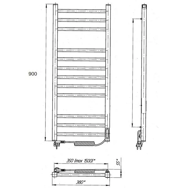 Полотенцесушитель электрический Laris Астор ЧК П12 350х900 с терморегулятором, левый, белый матовый