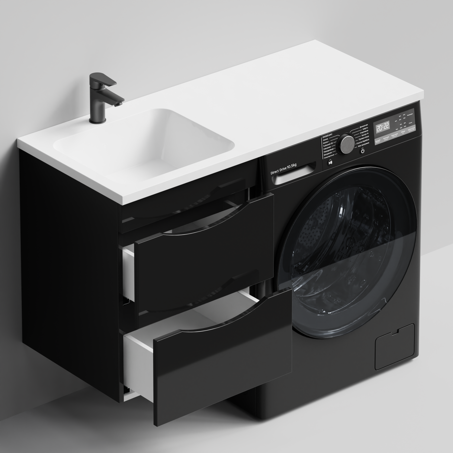 Тумба Vod-ok 48 с раковиной Смайл 110 подвесная, под стиральную машину, левая, черный глянец