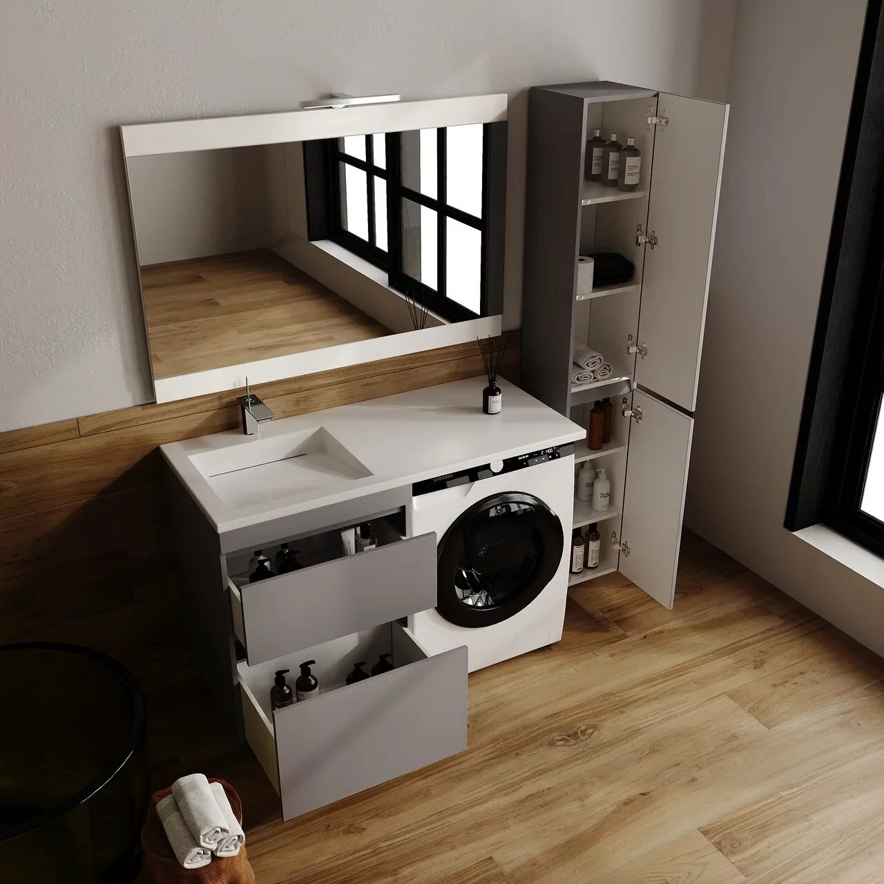 Тумба с раковиной Style Line Даллас Леон 120 Люкс Plus ПВХ под стиральную машину, напольная, 2 ящика, левая, серый матовый