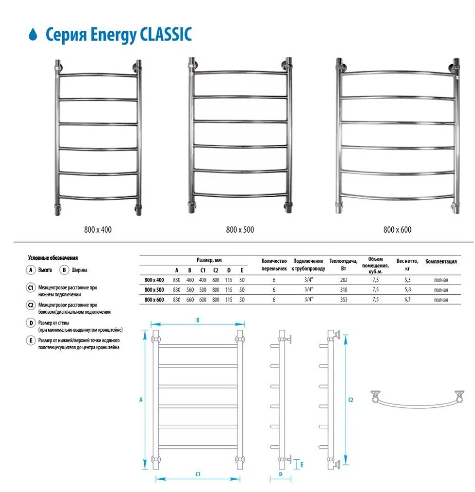Полотенцесушитель водяной Energy Classic 800x400 хром