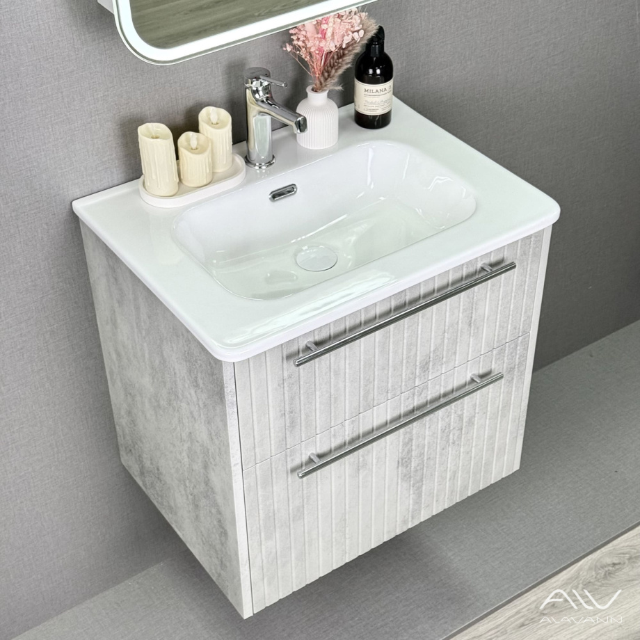 Тумба подвесная Alavann Emma 60 с раковиной Rado 60, серый бетон