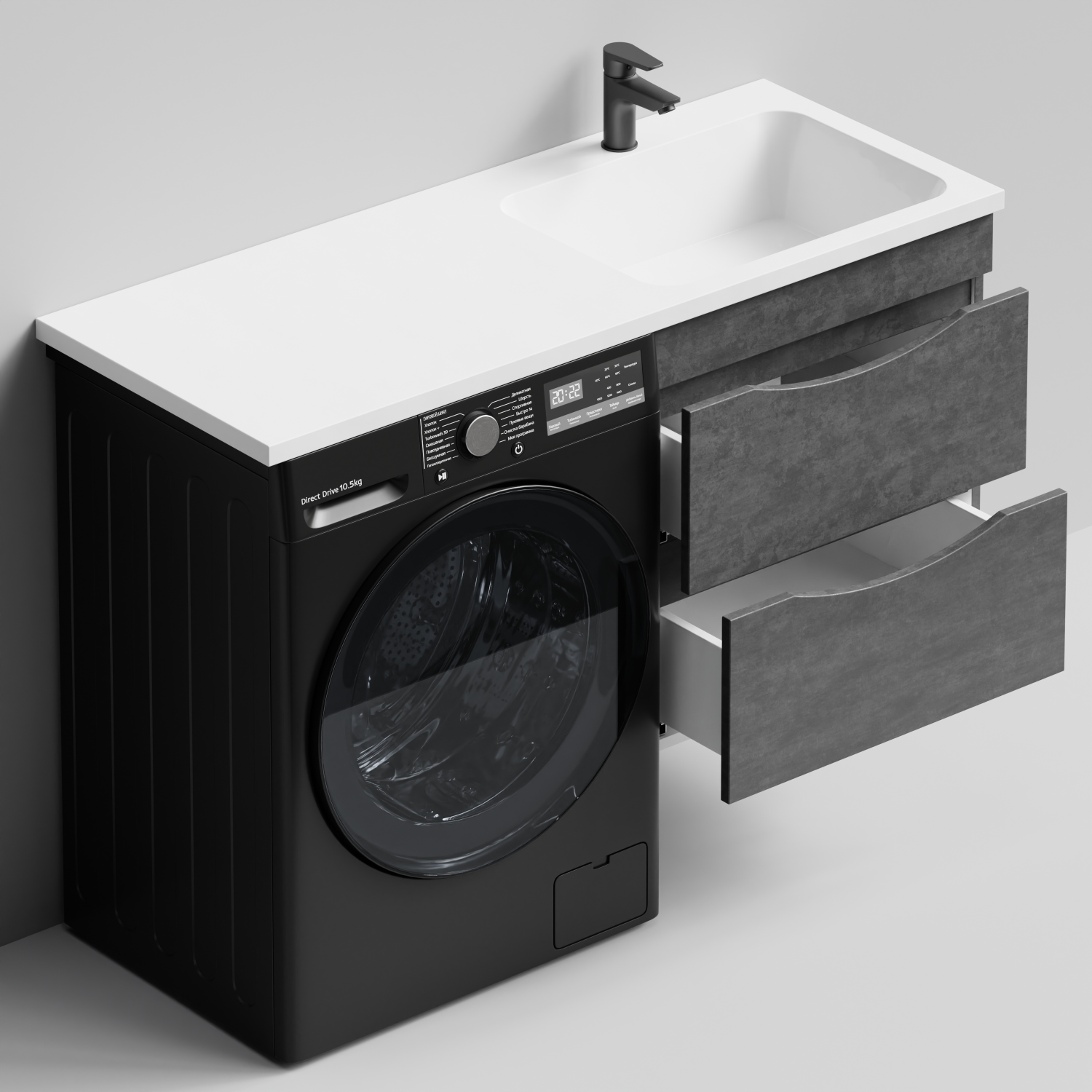 Тумба Vod-ok 58 с раковиной Смайл 120 подвесная, под стиральную машину, правая, Серый камень