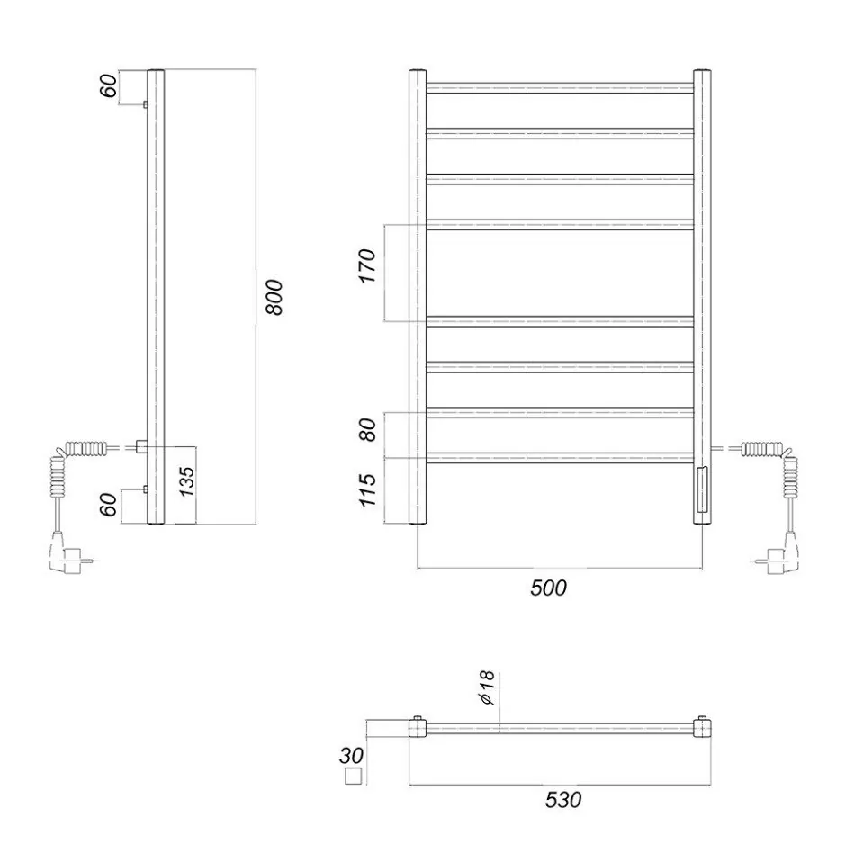 Полотенцесушитель электрический Domoterm Куба П8 500x800 EK R правый, хром
