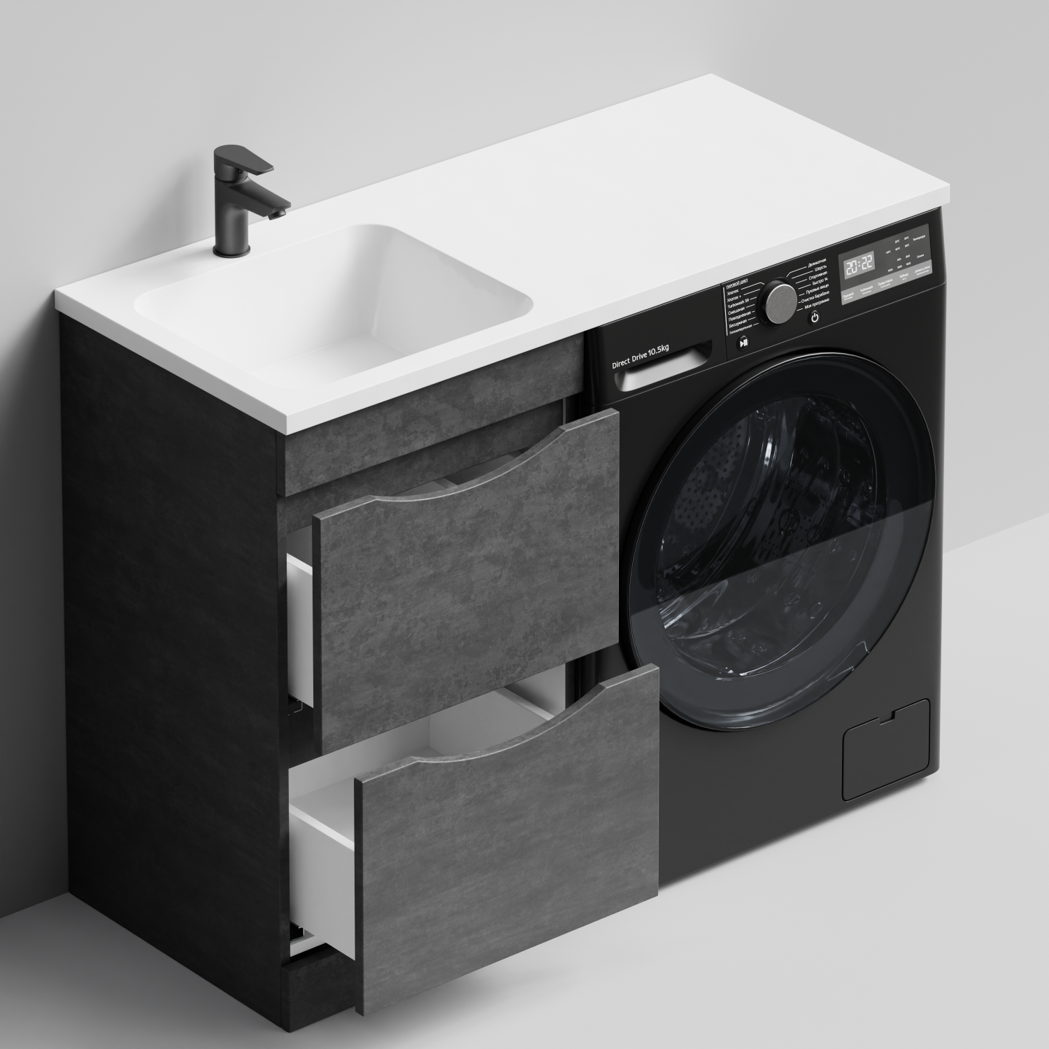 Тумба Vod-ok 48 с раковиной Смайл 110 напольная, под стиральную машину, левая, Серый камень