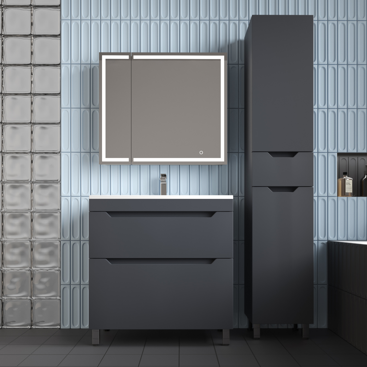 Тумба напольная Style Line Остин 80 с раковиной Фортуна 80 серый шелк, графит