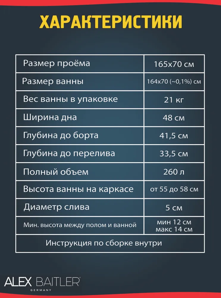 Ванна акриловая Alex Baitler Onega 165x70 от магазина Vanna-Vanna.ru!