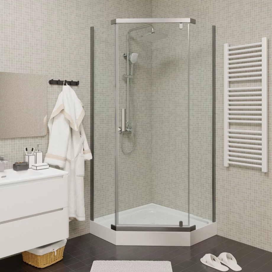 Душевой уголок Parly ZPE911TE пятиугольный, с низким поддоном, прозрачное стекло, хром