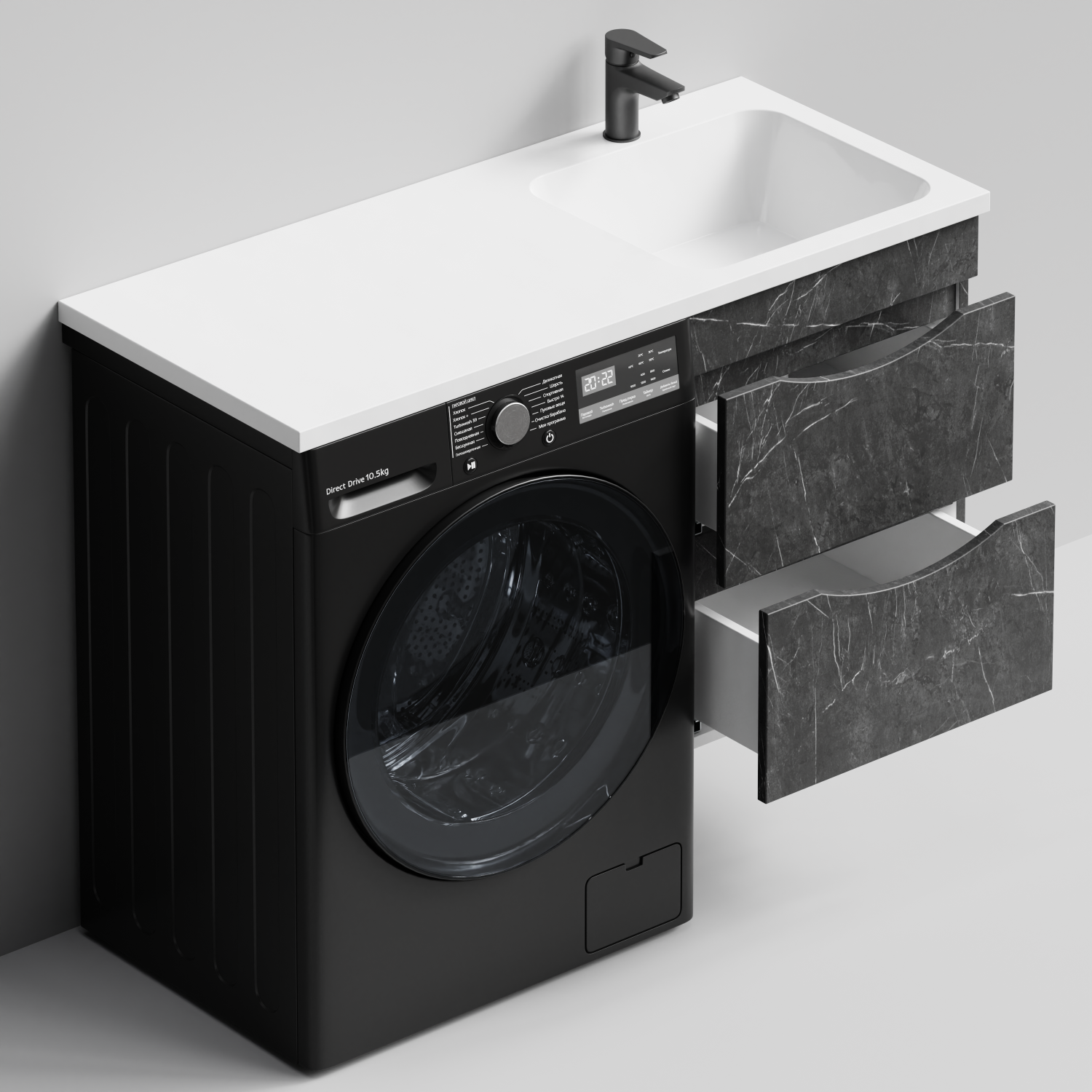 Тумба Vod-ok 48 с раковиной Смайл 110 подвесная, под стиральную машину, правая, Мрамор Графит софт тач