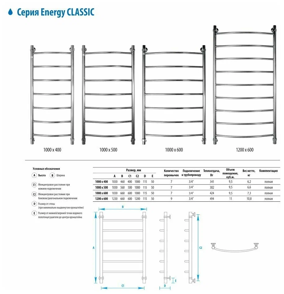Полотенцесушитель водяной Energy Classic 1000x500 черный матовый, тип "лесенка", нержавеющая сталь, подключение 3/4" от магазина Vanna-Vanna.ru!