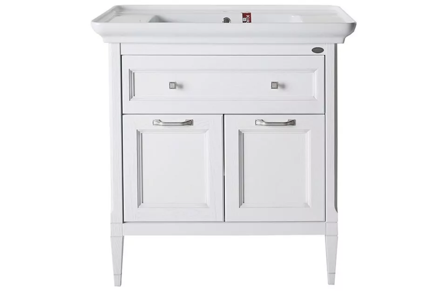 Тумба напольная ASB Woodline Гранда 85 с раковиной Дуглас 85, белый, патина серебро