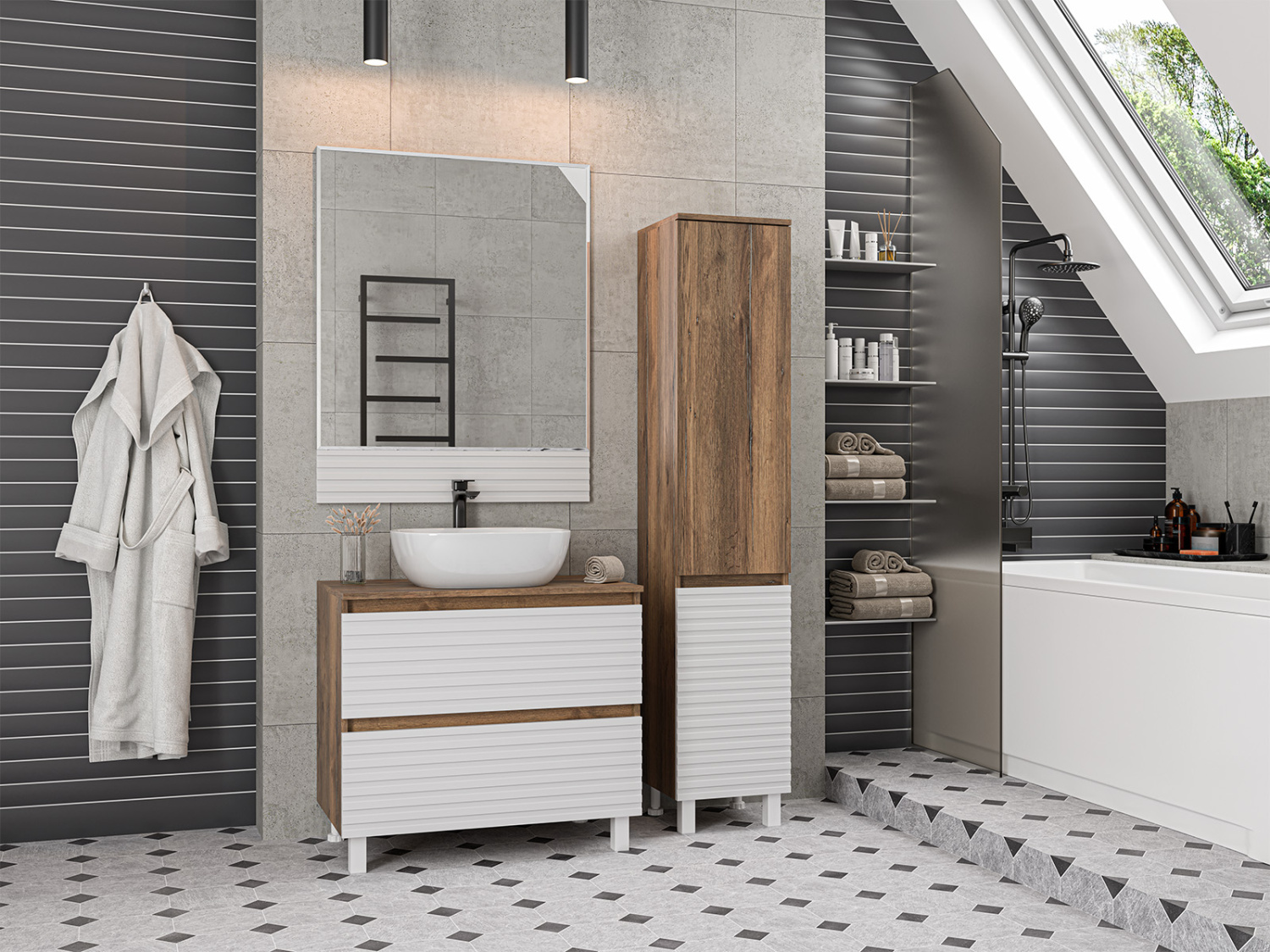 Пенал Brevita Dakota 35 напольный/подвесной, R, белый/дуб галифакс олово