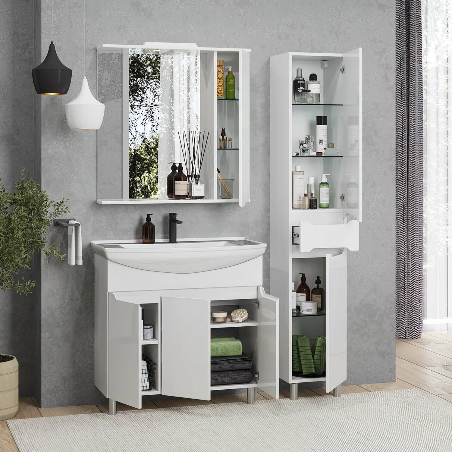 Тумба напольная SanStar Bianca 85 с раковиной Стиль 85, белая