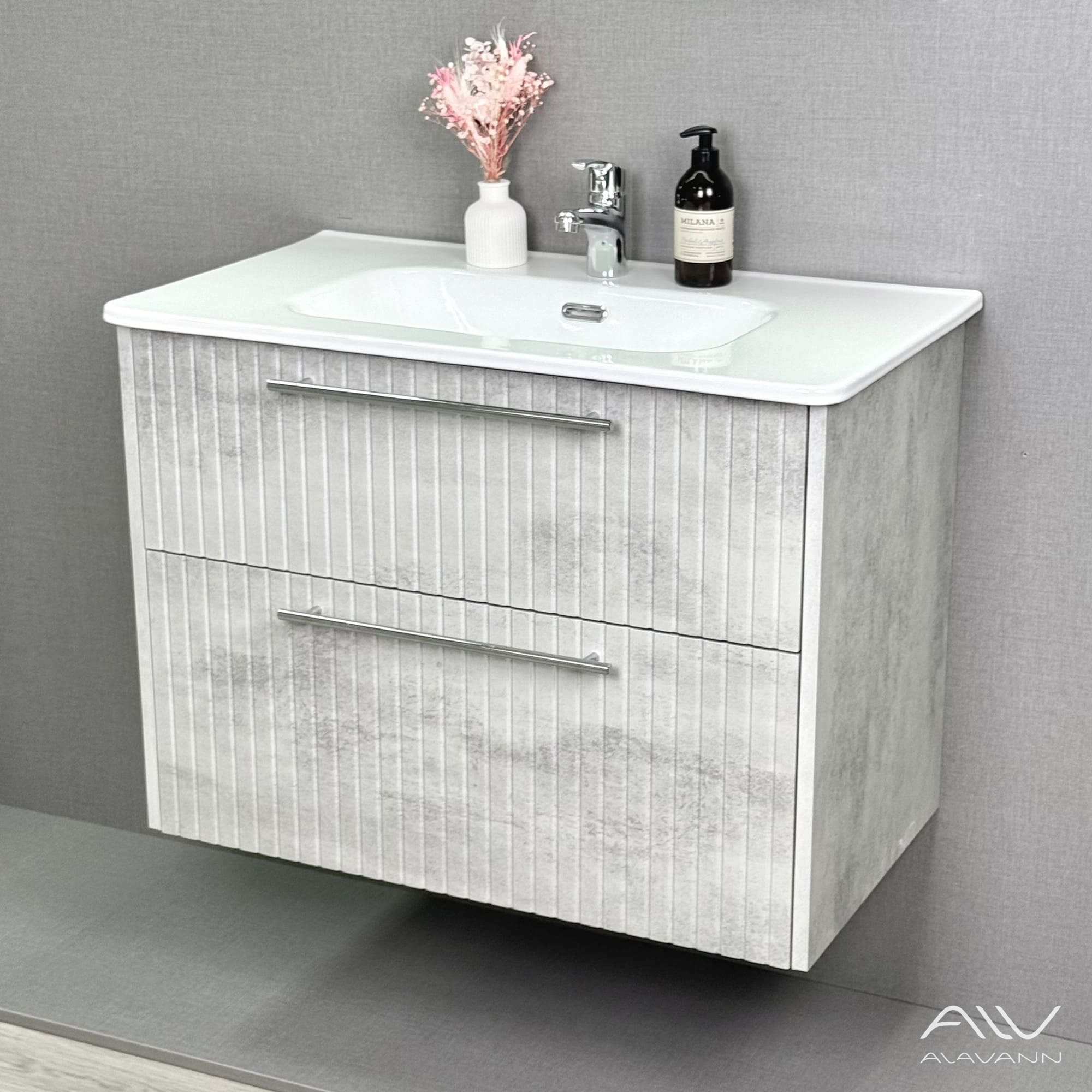 Тумба подвесная Alavann Emma 80 с раковиной Rado 80, серый бетон