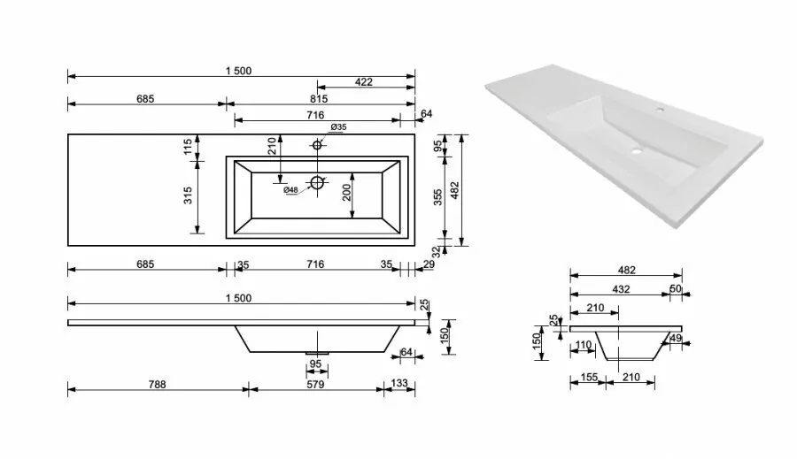 Тумба напольная Style Line Даллас 150 люкс plus ПВХ с раковиной Даллас 150 под стиральную машину, 2 ящика, правая, белая от магазина Vanna-Vanna.ru!