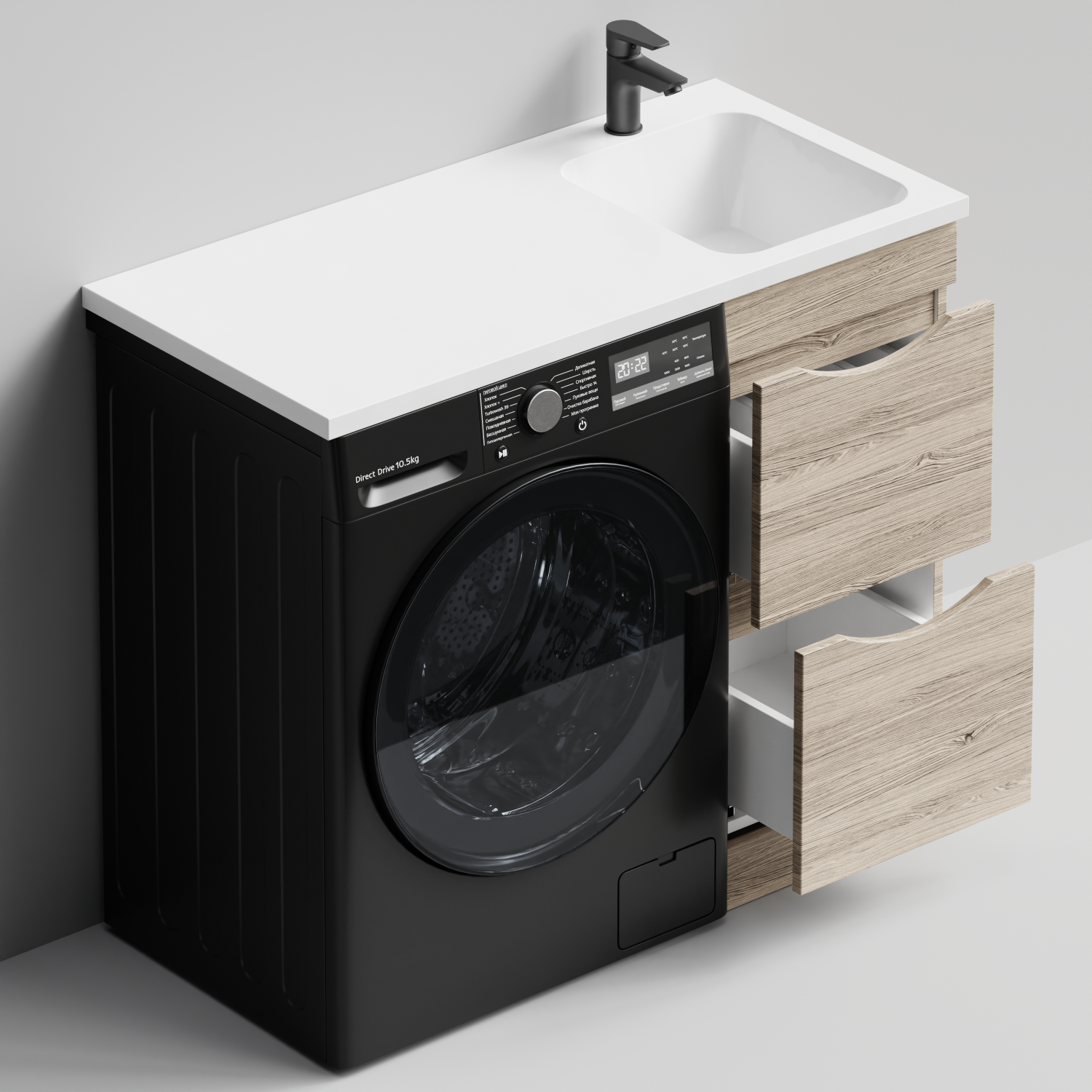 Тумба Vod-ok 38 с раковиной Смайл 100 напольная, под стиральную машину, правая, Дубослив ореховый светлый