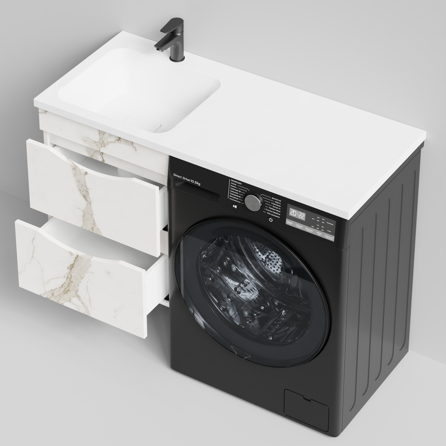 Тумба Vod-ok 48 с раковиной Смайл 110 подвесная, под стиральную машину, левая, Мрамор Белый натур милк