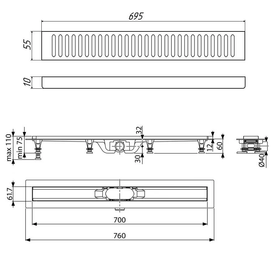 Душевой лоток Timo SP10 70 с решеткой PC10 70 хром матовый