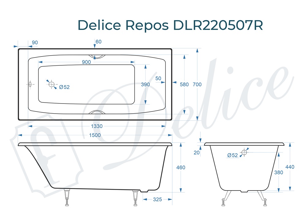 Ванна чугунная Delice Repos 150х70 DLR220507R с ручками