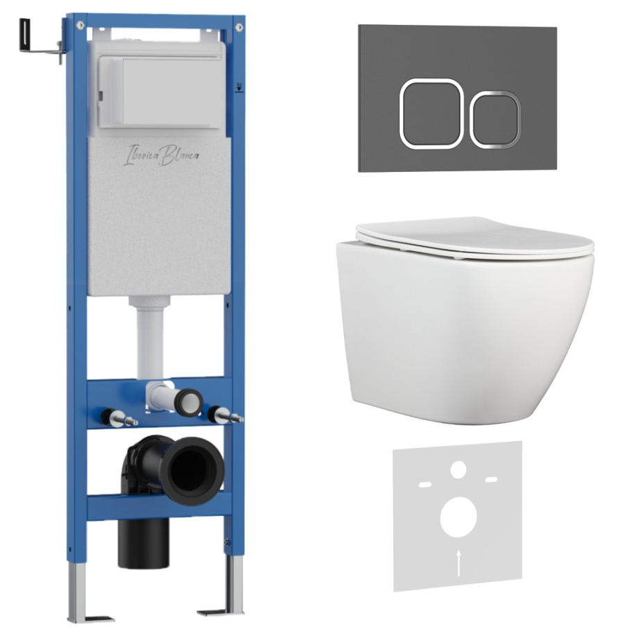 Комплект 3в1 IBERICA BLANCA инсталляция SILENCIO MINI, унитаз BILBAO ALTO белый, кнопка смыва ESTI-Q серый матовый (IB.001M.BLA.231.837)