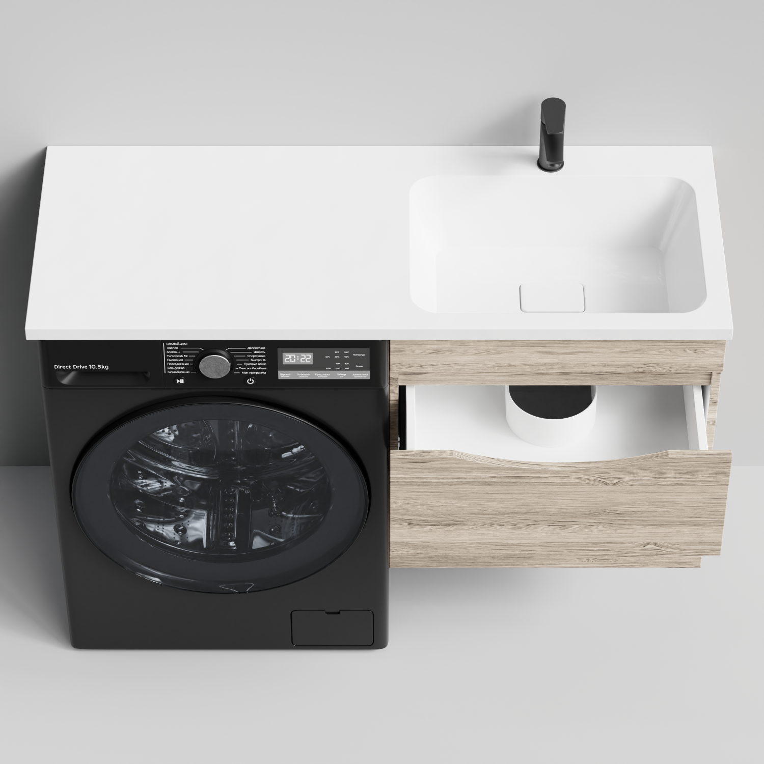 Тумба Vod-ok 58 с раковиной Смайл 120 подвесная, под стиральную машину, правая, Дубослив ореховый светлый