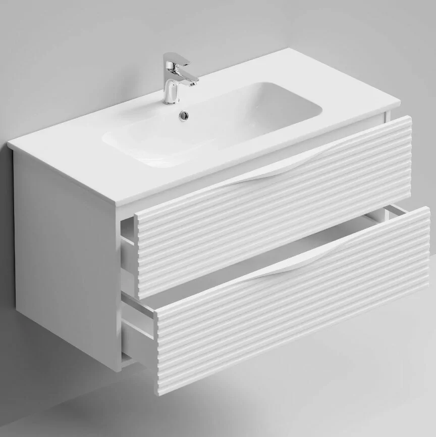 Тумба с раковиной Vod-ok Elite Эйфория 100 F7 полосы горизонтальные, подвесная, два ящика, белый матовый